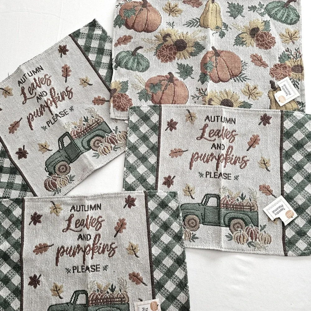 Perfect Harvest Tapestry Placemats Set of 4 Autumn Leaves Pumpkins Green Truck